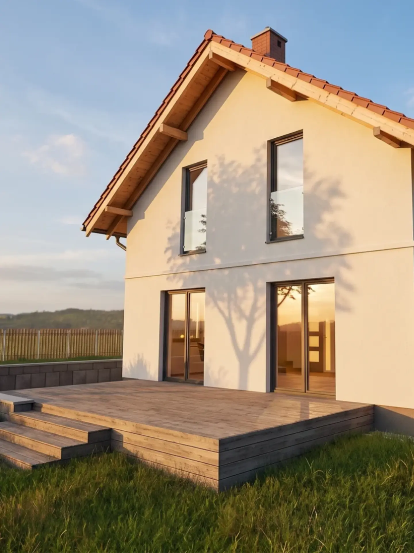 Rodinný dům ve Všenicích s dřevěnou terasou, pohled ze zahrady